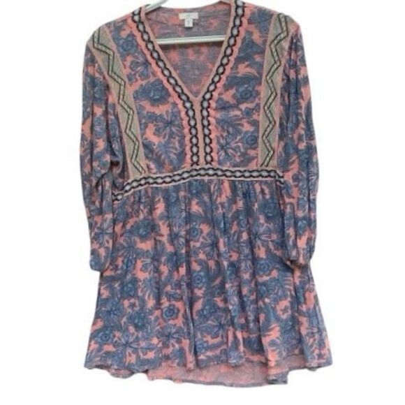J. Jill Boho Floral Tunic Dress Pink Blue Embroidered V-Neck M Tall Cottagecore - Picture 1 of 6